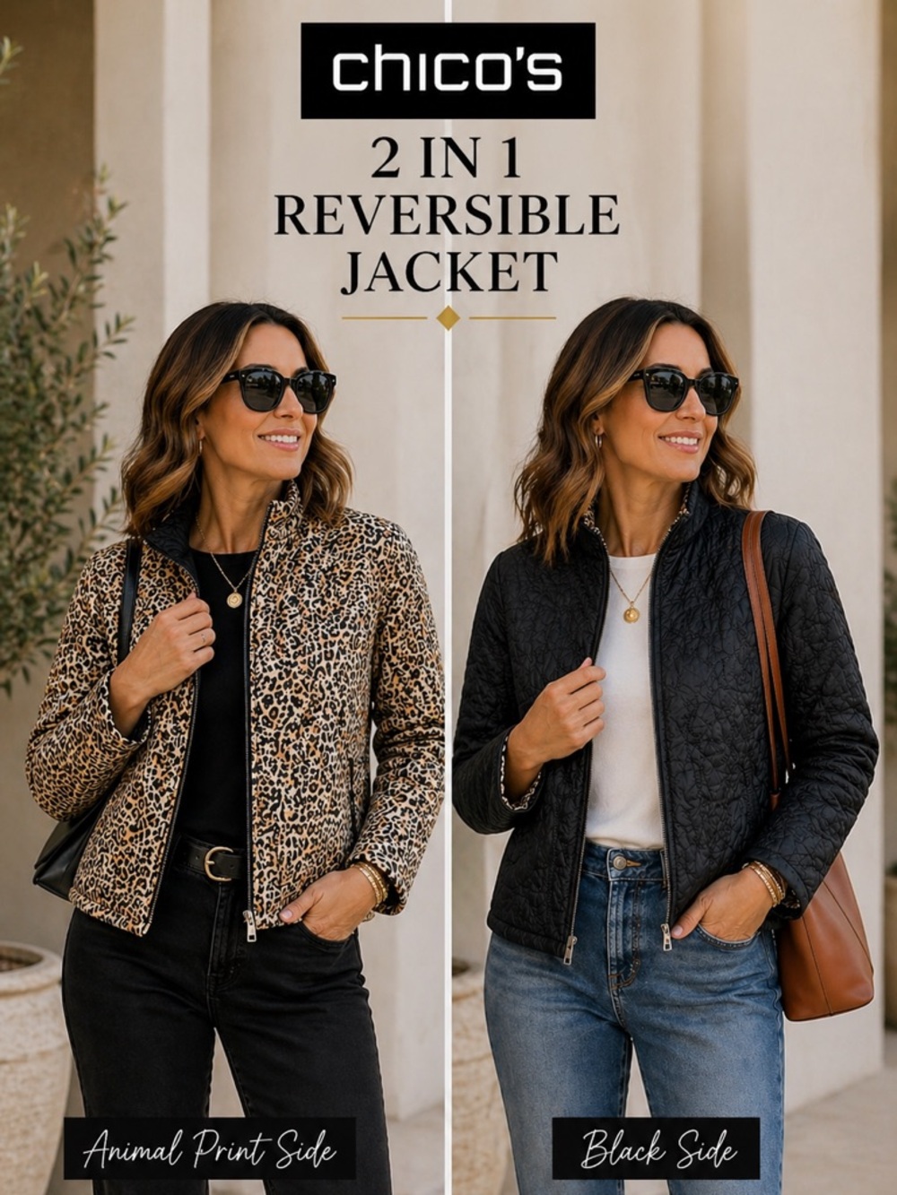 Chico’s Reversible Crop Quilted Jacket Black & Gold Tan Animal Print Small 0